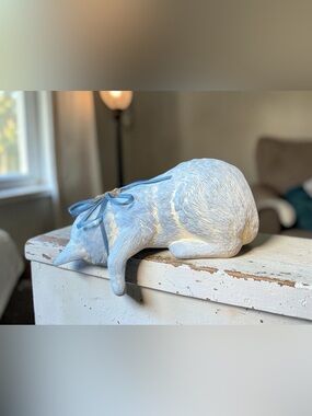 Sleeping Cat Vintage Figurine With Blue Ribbon Bow - Decorative Resin Statue